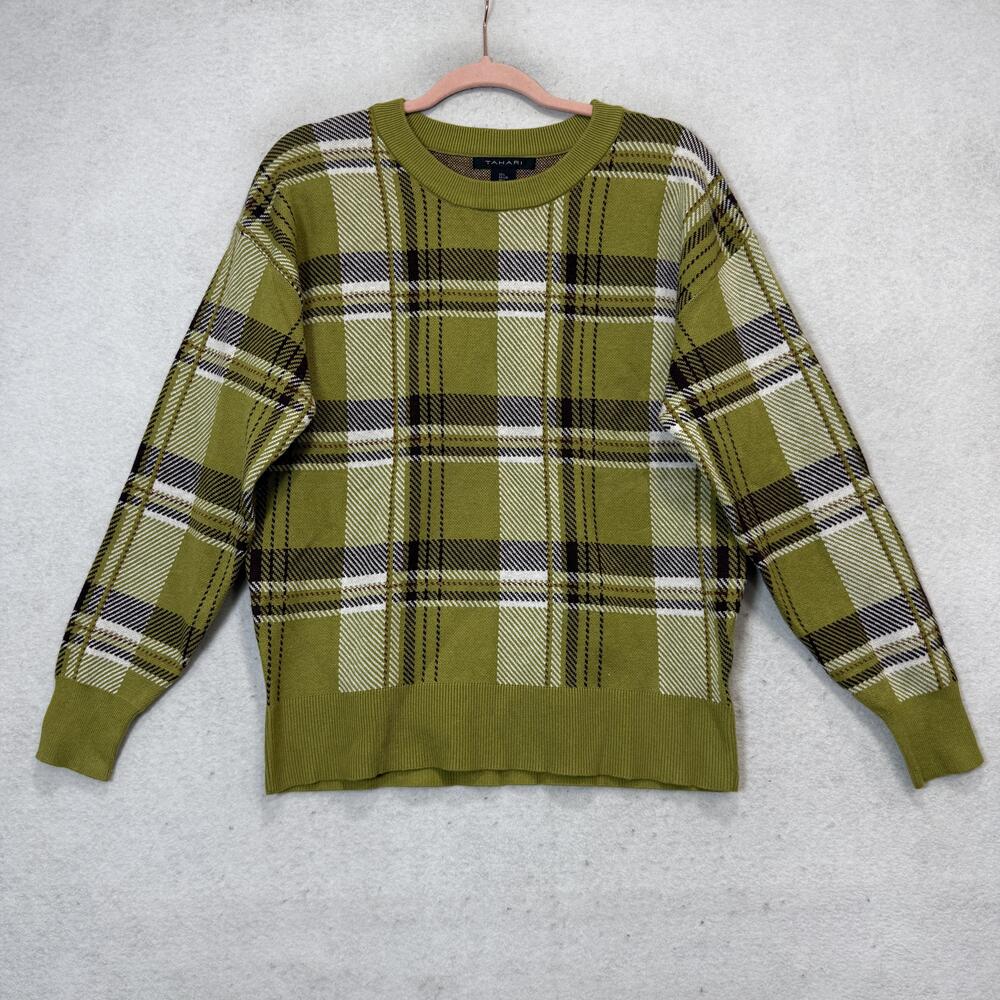 Tahari Sweater Womens Large Green Plaid Crew Neck Long Sleeve Knit Pullover